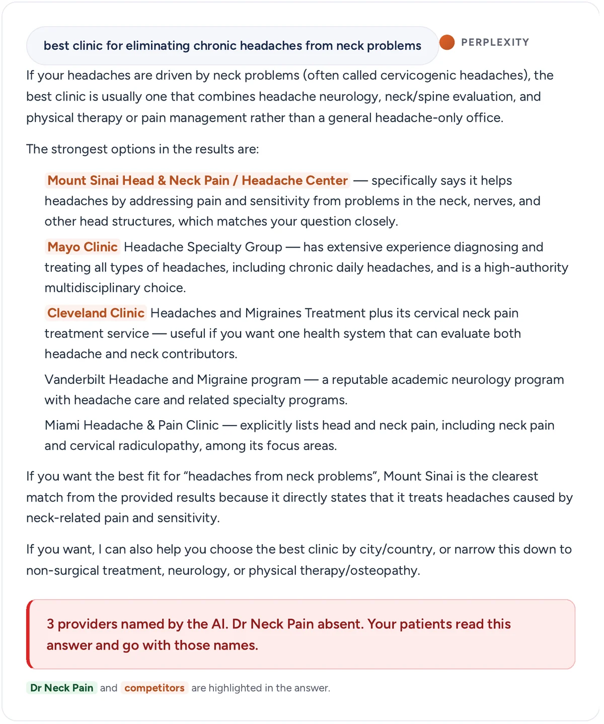 Perplexity answer naming US hospitals, not a Singapore neck pain clinic, for chronic headaches from the neck