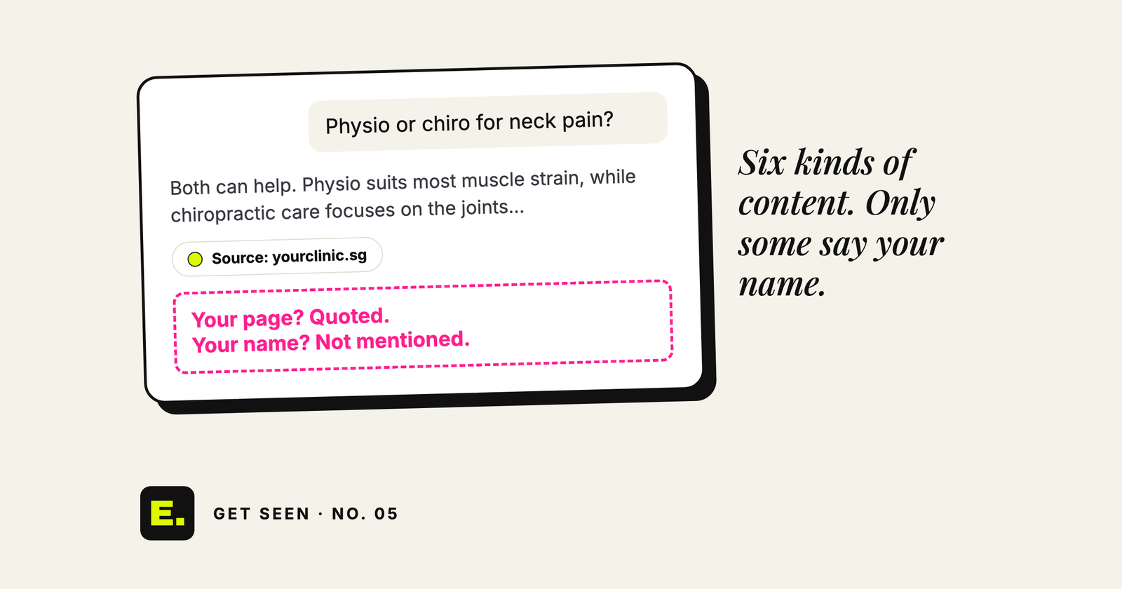 Mock AI answer quoting a Singapore clinic page as its source while never naming the clinic, on content types AI cites